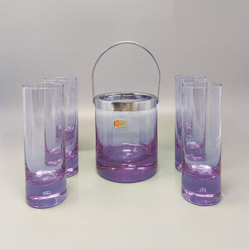 1970 Beautiful crystal ice bucket with 4 glasses by Ivat. Made in Italy