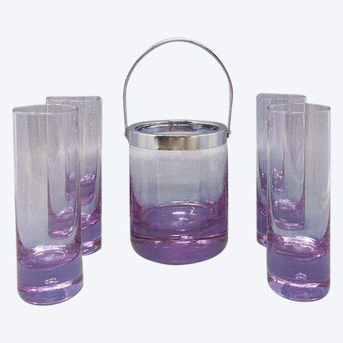 1970 Beautiful crystal ice bucket with 4 glasses by Ivat. Made in Italy