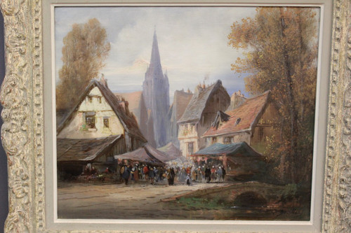 Öl auf Leinwand, das eine Marktszene in Rouen von Paul Devillers darstellt