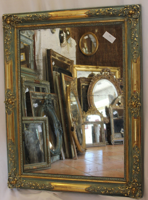 Miroir Ancien Rectangle, Décor De Fleurs, Feuille d'Or Et Patine, Glace Mercure 84 X 111 Cm