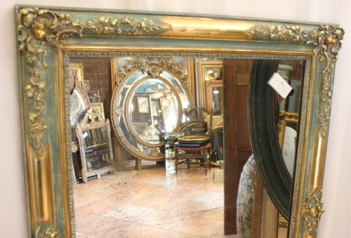Miroir Ancien Rectangle, Décor De Fleurs, Feuille d'Or Et Patine, Glace Mercure 84 X 111 Cm