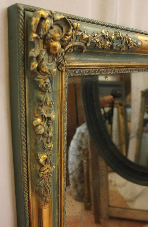Miroir Ancien Rectangle, Décor De Fleurs, Feuille d'Or Et Patine, Glace Mercure 84 X 111 Cm