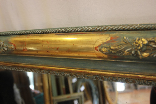 Miroir Ancien Rectangle, Décor De Fleurs, Feuille d'Or Et Patine, Glace Mercure 84 X 111 Cm