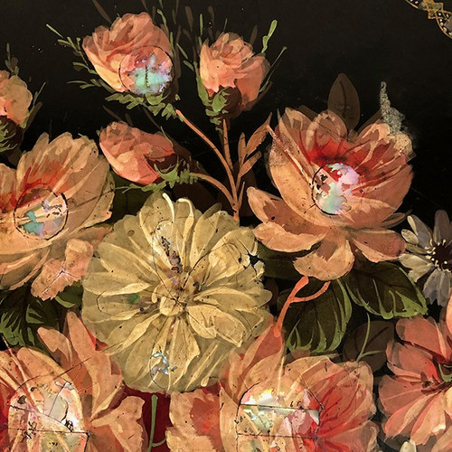 Tavolino Napoleone III, vassoio con decoro dipinto di fiori e borgogna