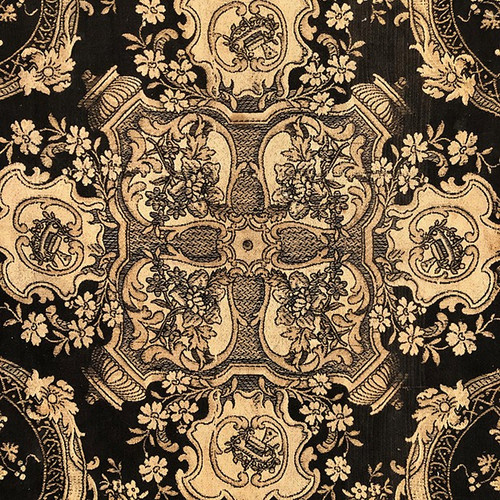Antique tapestry or table cloth on a black background with rich decorations of Medici vases and flowers