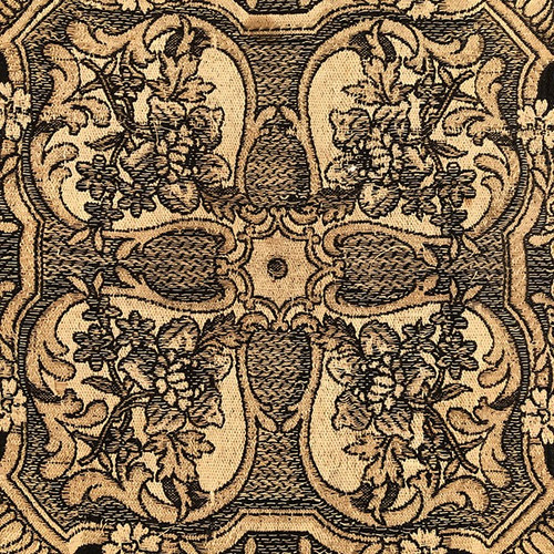 Antique tapestry or table cloth on a black background with rich decorations of Medici vases and flowers