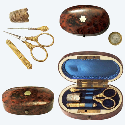 Kit da cucito in miniatura Scatola in legno intarsiato, XIX secolo Lente d'ingrandimento