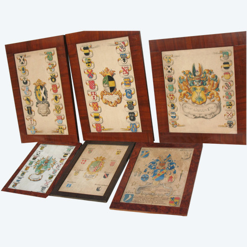 6 gouaches with heraldic decoration signed Horst genealogy with coats of arms by Joan Loten th. 18th