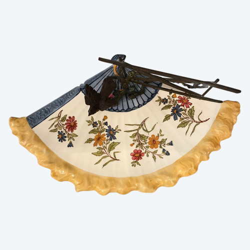 bellissimo oggetto in ceramica e bronzo fiorito della fine del XIX secolo