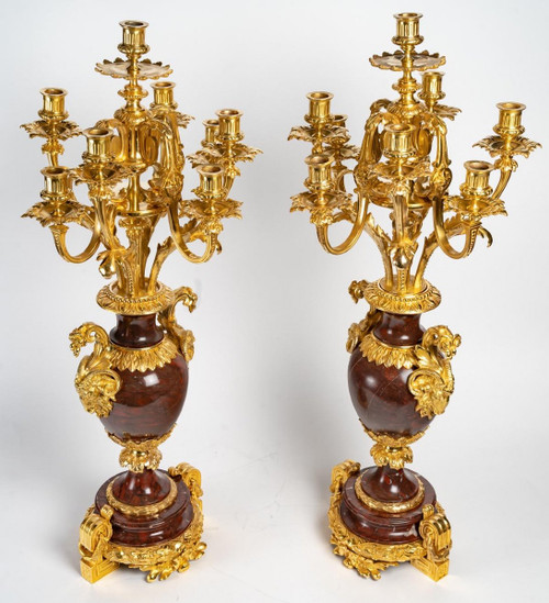 Pair Of Girandoles In Red Marble And Gilt Bronze 19th Century