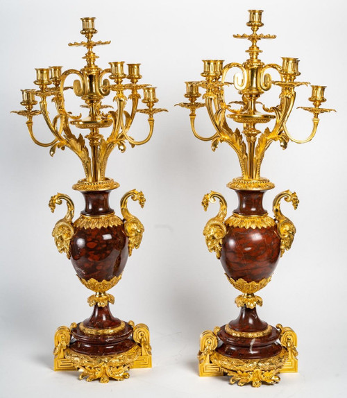 Pair Of Girandoles In Red Marble And Gilt Bronze 19th Century
