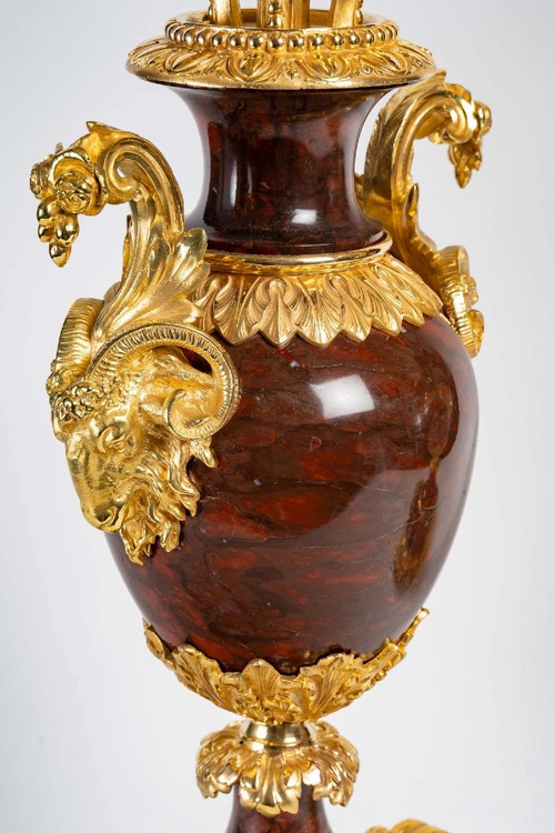 Pair Of Girandoles In Red Marble And Gilt Bronze 19th Century