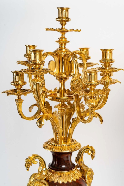 Pair Of Girandoles In Red Marble And Gilt Bronze 19th Century