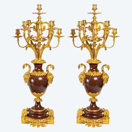 Pair Of Girandoles In Red Marble And Gilt Bronze 19th Century