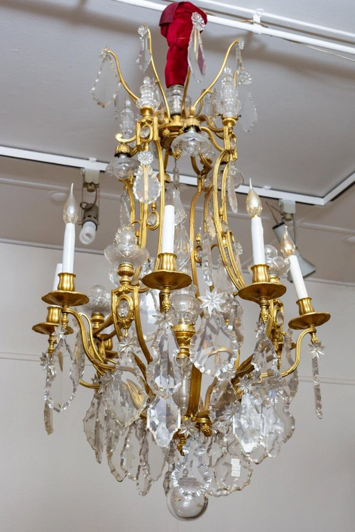Lampadario a gabbia in bronzo dorato e cristallo Baccarat, fine XIX secolo