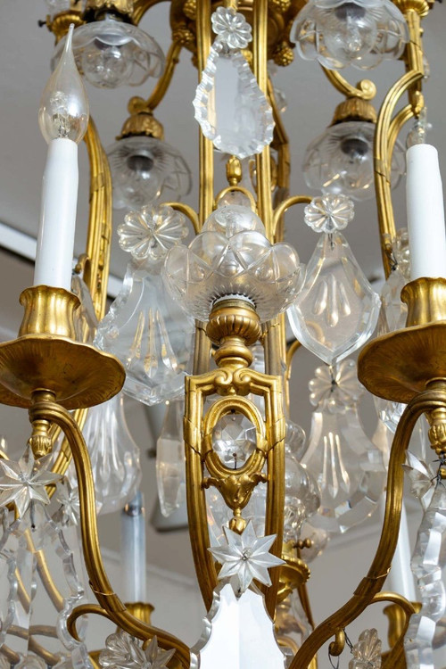 Lampadario a gabbia in bronzo dorato e cristallo Baccarat, fine XIX secolo