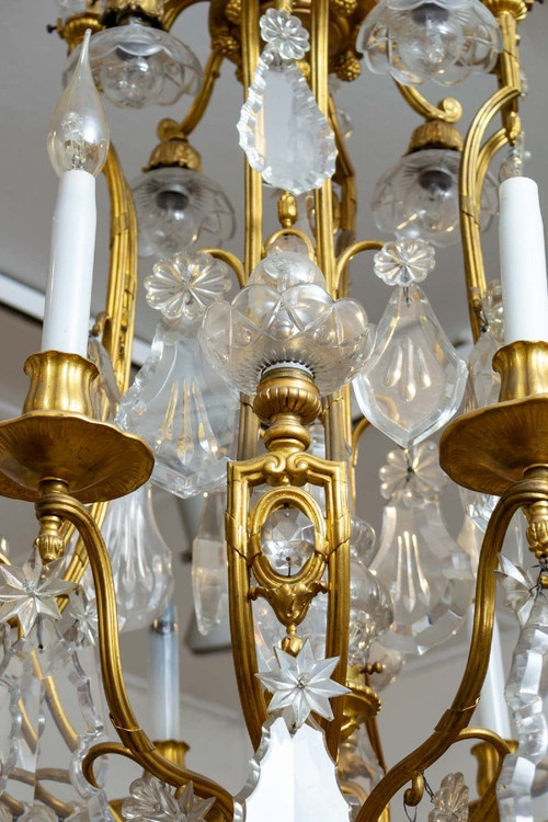 Lampadario a gabbia in bronzo dorato e cristallo Baccarat, fine XIX secolo