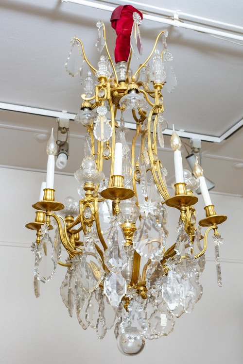 Lampadario a gabbia in bronzo dorato e cristallo Baccarat, fine XIX secolo
