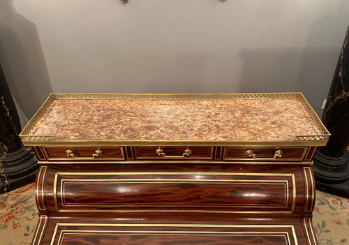 Petit Bureau A Cylindre En Acajou Flammé De Style Louis XVI Epoque XIXeme