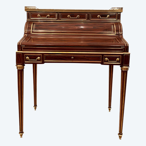 Petit Bureau A Cylindre En Acajou Flammé De Style Louis XVI Epoque XIXeme