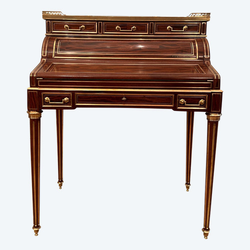 Small Cylinder Desk In Flamed Mahogany Louis XVI Style 19th Century