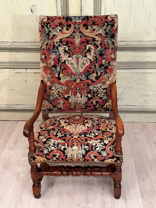 Fauteuil A Dossier Plat En Noyer d'Epoque Louis XIV XVIIeme