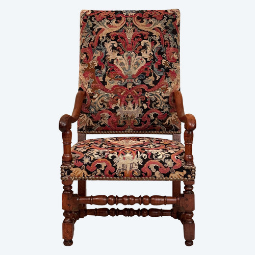Fauteuil A Dossier Plat En Noyer d'Epoque Louis XIV XVIIeme