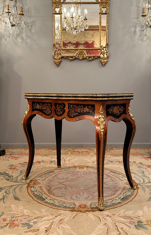 Table A Jeux Console En Marqueterie d'Epoque Napoleon III Vers 1870
