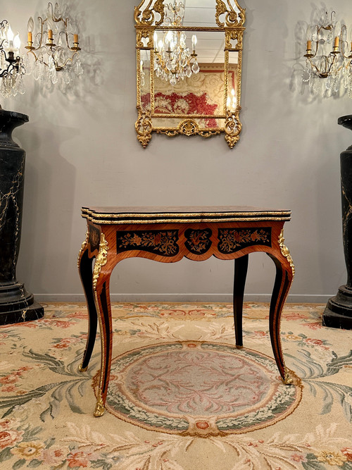 Table A Jeux Console En Marqueterie d'Epoque Napoleon III Vers 1870