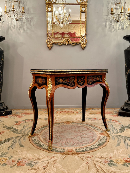 Table A Jeux Console En Marqueterie d'Epoque Napoleon III Vers 1870