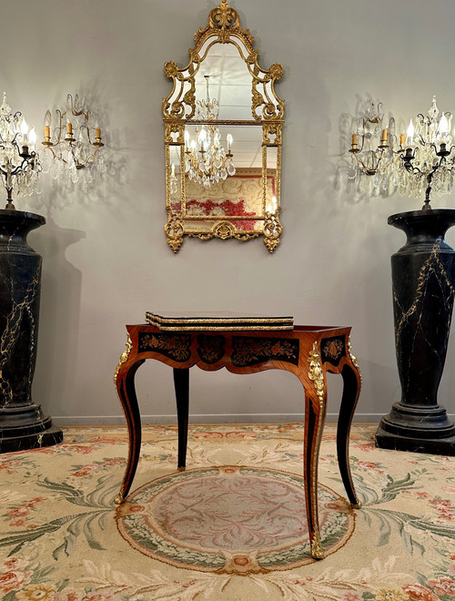 Table A Jeux Console En Marqueterie d'Epoque Napoleon III Vers 1870