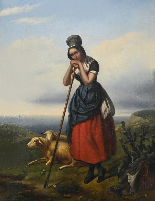 Oil painting, “The Shepherdess”, 19th century school – 2nd part 19th century