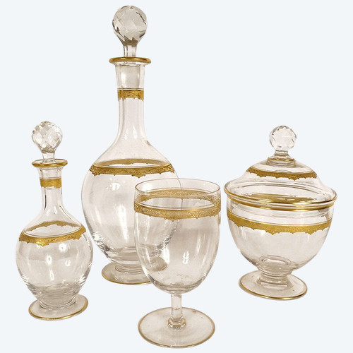 Service de Nuit 4PC Cristal Saint-Louis Modèle Roty Dorure Carafe Sucrier XXè