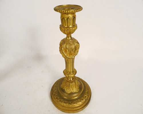 Pair of Louis XVI Flambeaux Candlesticks Gilt Bronze Garlands Beads XVIII
