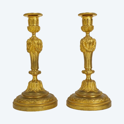 Pair of Louis XVI Flambeaux Candlesticks Gilt Bronze Garlands Beads XVIII