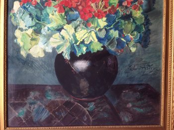 Zacharie Astruc (1833-1907) - Large Watercolor - Bouquet of Geraniums