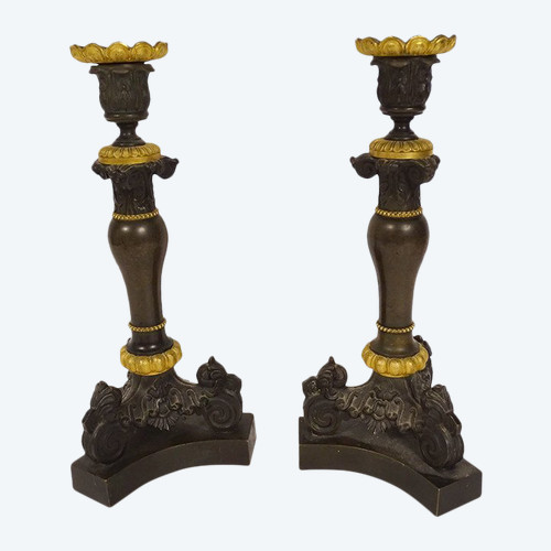 Pair of bronze candlesticks Napoleon III capitals 19th century