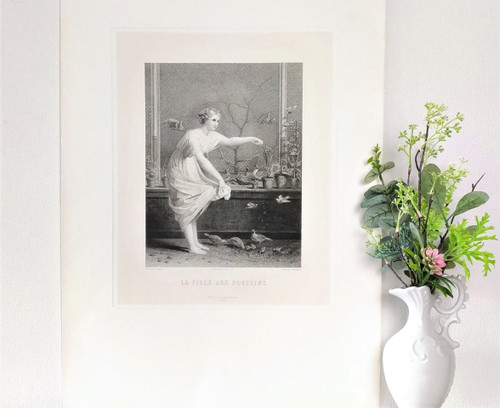 Etching the Girl With Chicks Engraving After Jean-louis Hamon Old Print