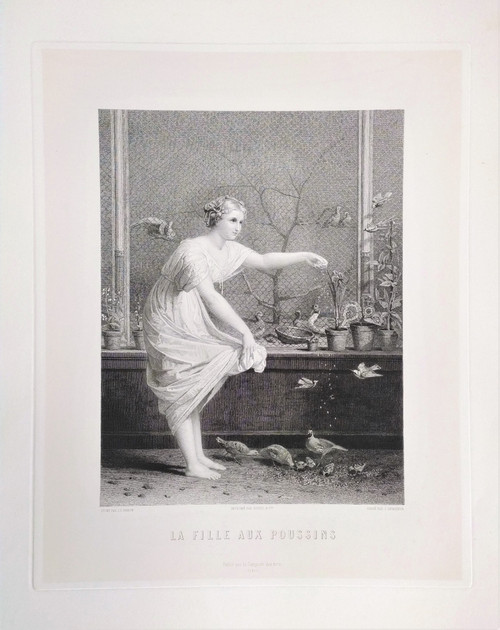 Etching the Girl With Chicks Engraving After Jean-louis Hamon Old Print