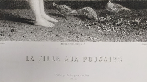 Etching the Girl With Chicks Engraving After Jean-louis Hamon Old Print