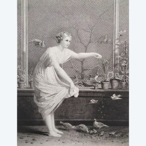 Etching the Girl With Chicks Engraving After Jean-louis Hamon Old Print