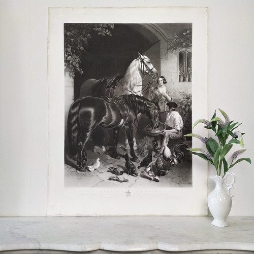 Horses Large Engraving  By Thomas Atkinson After John Frederick Herring Etching Old Print 19th C