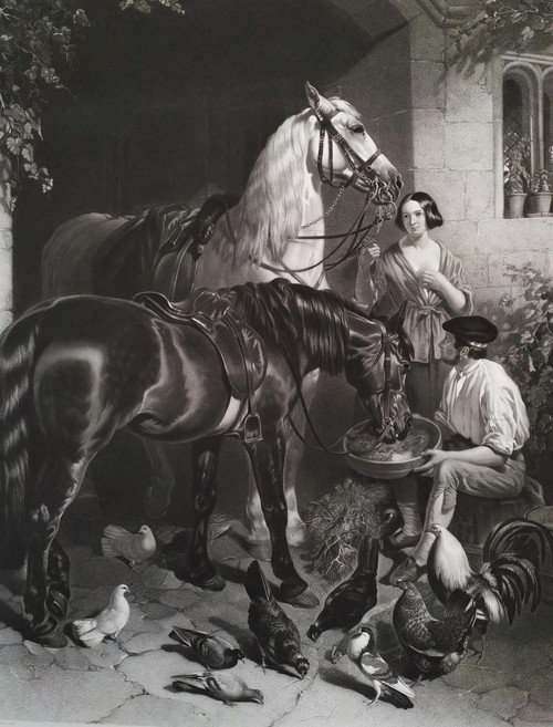 Horses Large Engraving  By Thomas Atkinson After John Frederick Herring Etching Old Print 19th C