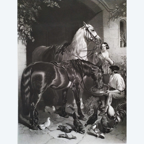 Horses Large Engraving  By Thomas Atkinson After John Frederick Herring Etching Old Print 19th C