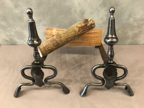 Antique polished iron andirons from the 17th Louis XIV period