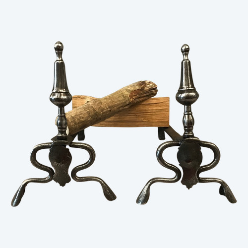 Antique polished iron andirons from the 17th Louis XIV period