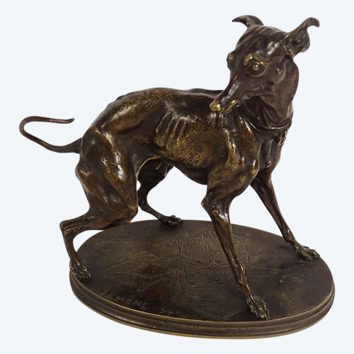 Piccola scultura in bronzo Pierre-Jules guida il levriero Plock 1854 XIX