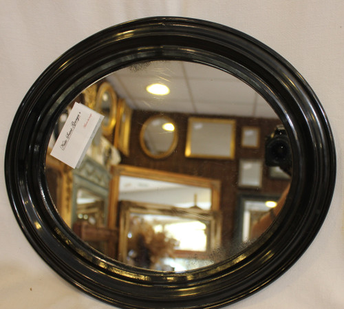 Napoleon III Mirror, Oval Blackened Lacquered Wood, Mercury Glass 34 x 39 cm