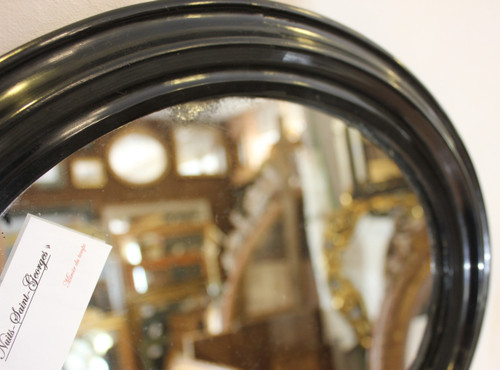 Napoleon III Mirror, Oval Blackened Lacquered Wood, Mercury Glass 34 x 39 cm