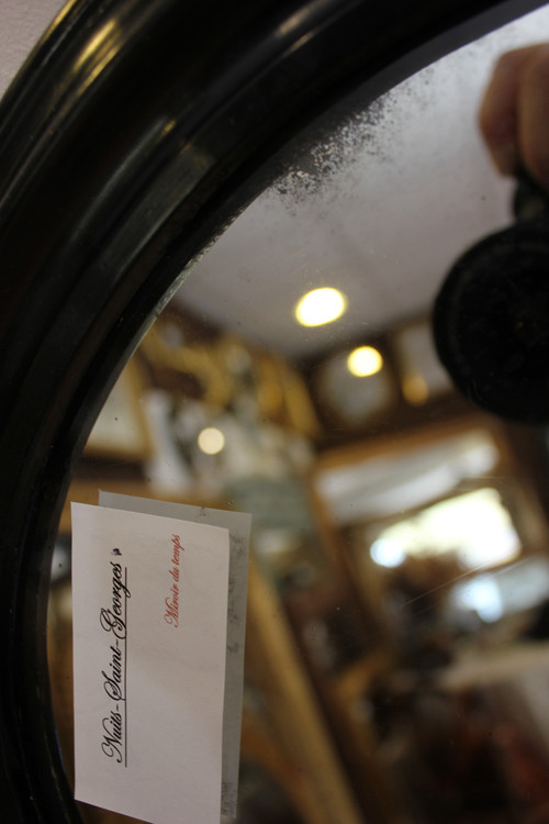 Napoleon III Mirror, Oval Blackened Lacquered Wood, Mercury Glass 34 x 39 cm